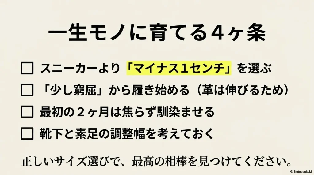 一生モノに育てる4ヶ条。マイナス1センチを選ぶ、少し窮屈から始める、2ヶ月馴染ませる、調整幅を考える