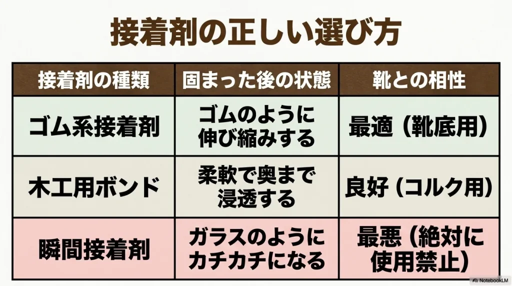 接着剤の正しい選び方。ゴム系接着剤は靴底用に最適、木工用ボンドはコルク用に良好、瞬間接着剤は最悪で絶対に使用禁止