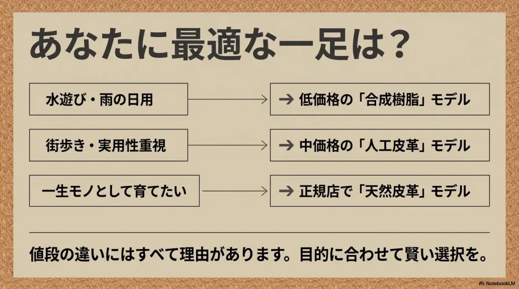 水遊び用の合成樹脂、街歩き用の人工皮革、一生モノの天然皮革など、値段の違いと目的に合わせて最適なアリゾナを選ぶ賢い選択のまとめ