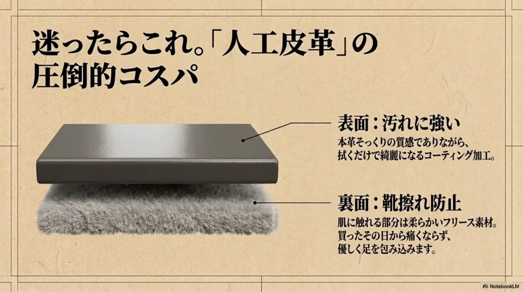 汚れに強い表面と、靴擦れを防止するフリース素材の裏面を持つ圧倒的コスパの人工皮革モデルの解説