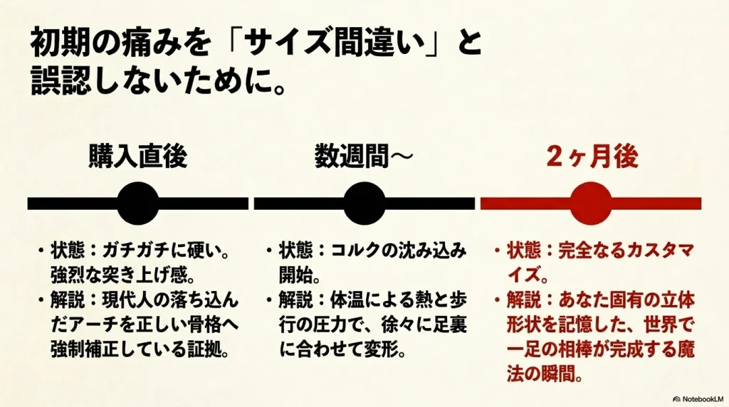購入直後の初期の痛みから、数週間〜2ヶ月後にコルクが沈み込み完全なカスタマイズが完了するまで