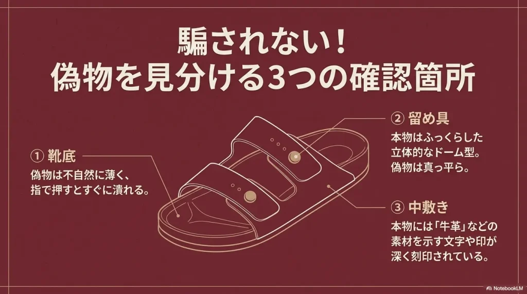 ビルケンシュトックの偽物を見分けるための3つの確認箇所である靴底、留め具、中敷きのポイント