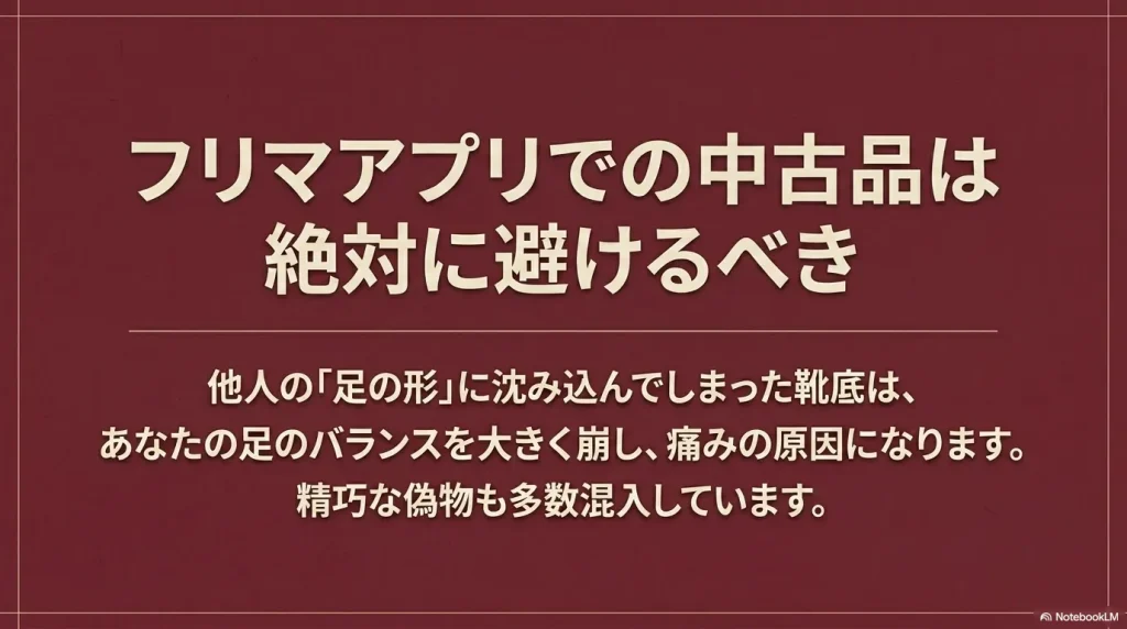 他人の足の形に沈み込んでしまった靴底は足のバランスを崩し痛みの原因になるため、フリマアプリでの中古品は絶対に避けるべき理由