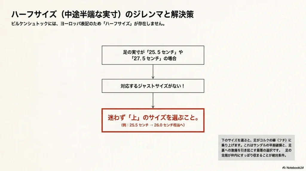 足の実寸が25.5センチなどハーフサイズの場合は、迷わず上のサイズを選ぶ