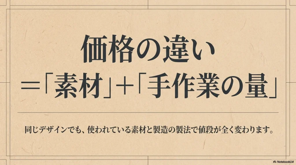 同じデザインでも、アリゾナの価格の違いは使われている素材と製造における手作業の量で全く変わるという解説