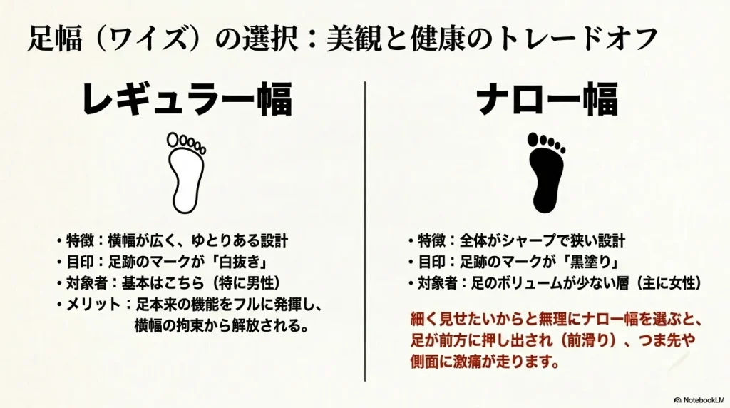 レギュラー幅（白抜きマーク）とナロー幅（黒塗りマーク）の美観と健康のトレードオフ   