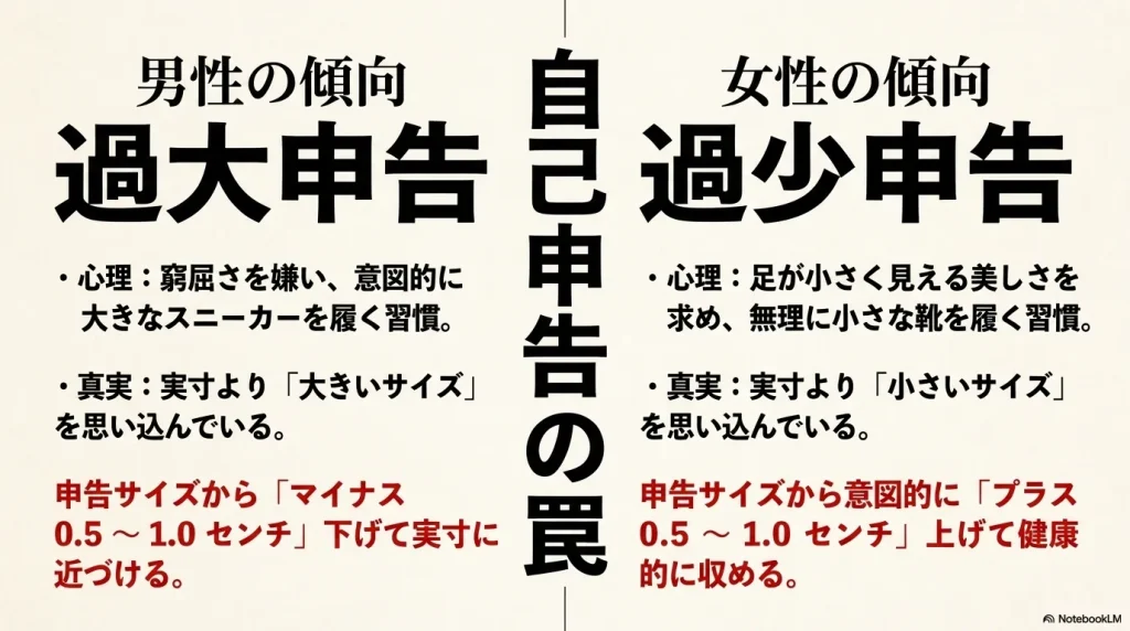 サイズ選びにおける男性の過大申告と女性の過少申告の傾向