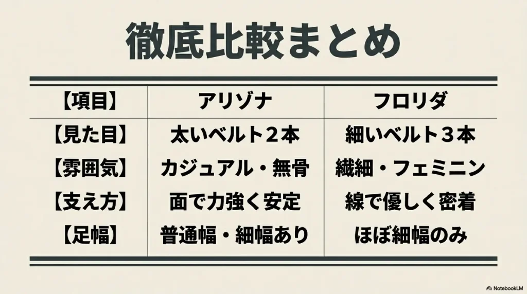 ビルケンシュトックのアリゾナとフロリダの見た目、雰囲気、支え方、足幅の徹底比較まとめ表