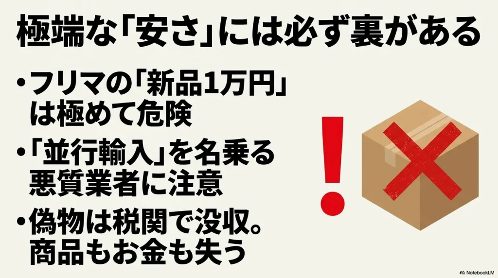 フリマアプリ等での極端な安さに注意を促すバツ印のついた段ボールのイラスト