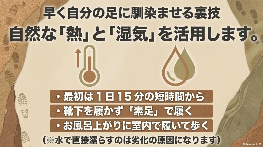 1日15分の短時間、素足での着用、お風呂上がりでの室内履きなど、自然な熱と湿気を活用してビルケンシュトックを早く足に馴染ませる裏技