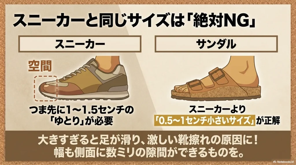 つま先に1から1.5センチの空間を取り、スニーカーより0.5から1センチ小さいサイズを選ぶビルケンシュトックの正しいサイズガイド