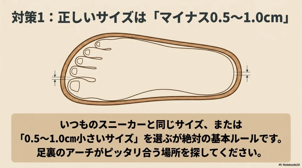 ビルケンシュトックの正しいサイズ選びは、いつものスニーカーより0.5〜1.0cm小さいサイズを選び、足裏のアーチをピッタリ合わせる