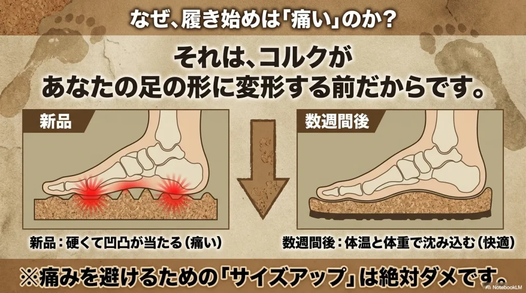 新品時はコルクが硬く痛い状態から、数週間後に体温と体重で沈み込み快適になるフットベッドの変形プロセスを図解