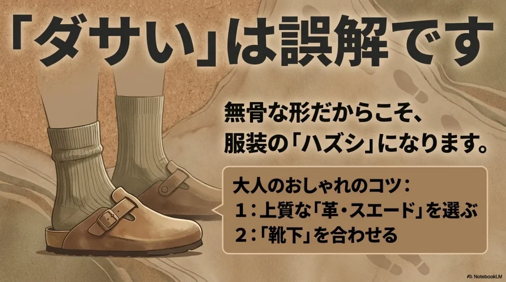 ビルケンシュトックの無骨な形が服装のハズシになることと、上質な革選びや靴下合わせなど大人のおしゃれのコツを解説するスライド