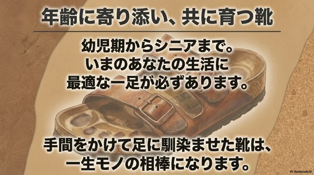幼児期からシニアまで生活に最適な一足があり、手間をかけて馴染ませた靴は一生モノの相棒になることを伝えるスライド