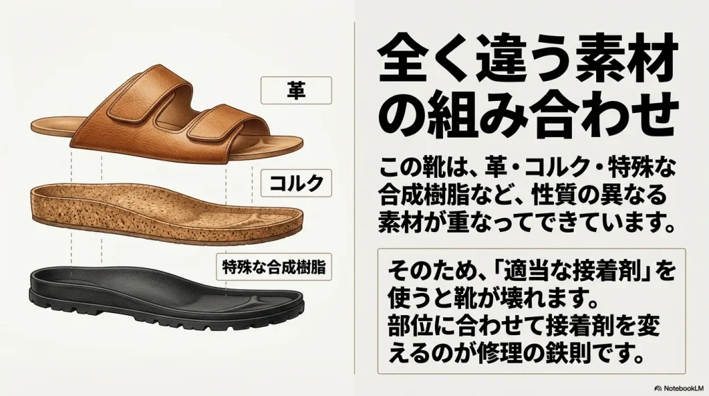 コルク・特殊な合成樹脂など全く違う素材の組み合わせ。適当な接着剤を使うと壊れるため部位に合わせて変えるのが鉄則
