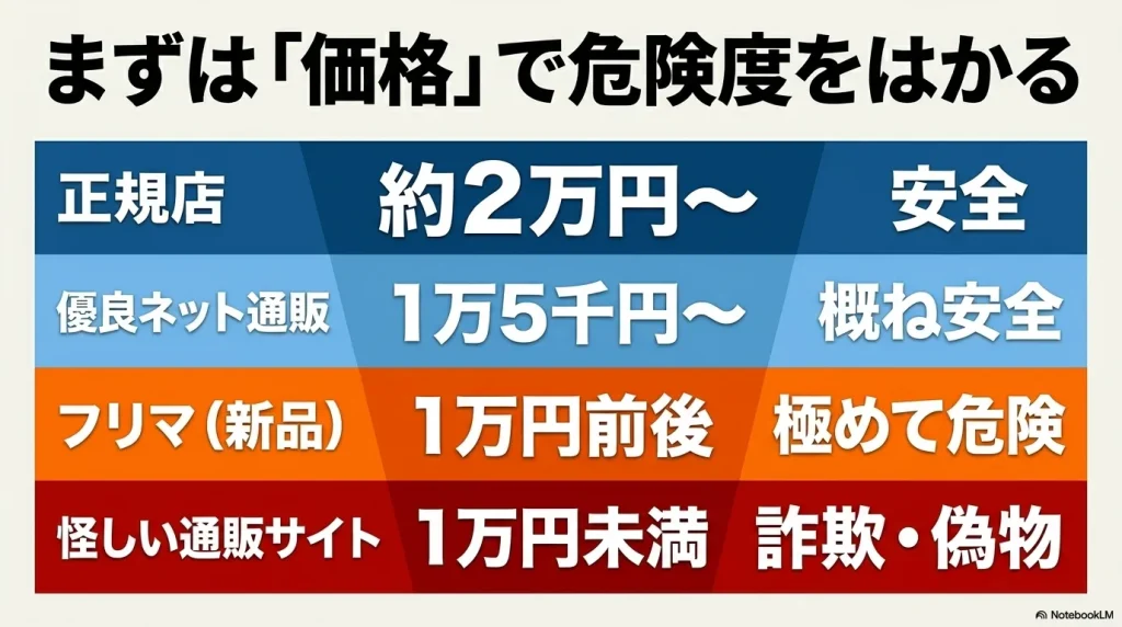正規店やフリマアプリなど流通チャネル別のチューリッヒ価格相場と偽物の危険度を示した表