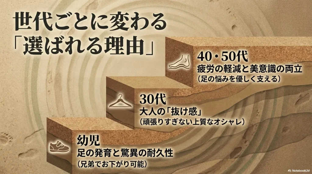 30代は大人の抜け感、40・50代は疲労軽減と美意識の両立、幼児は足の発育と耐久性など、世代ごとのビルケンシュトックが選ばれる理由まとめ