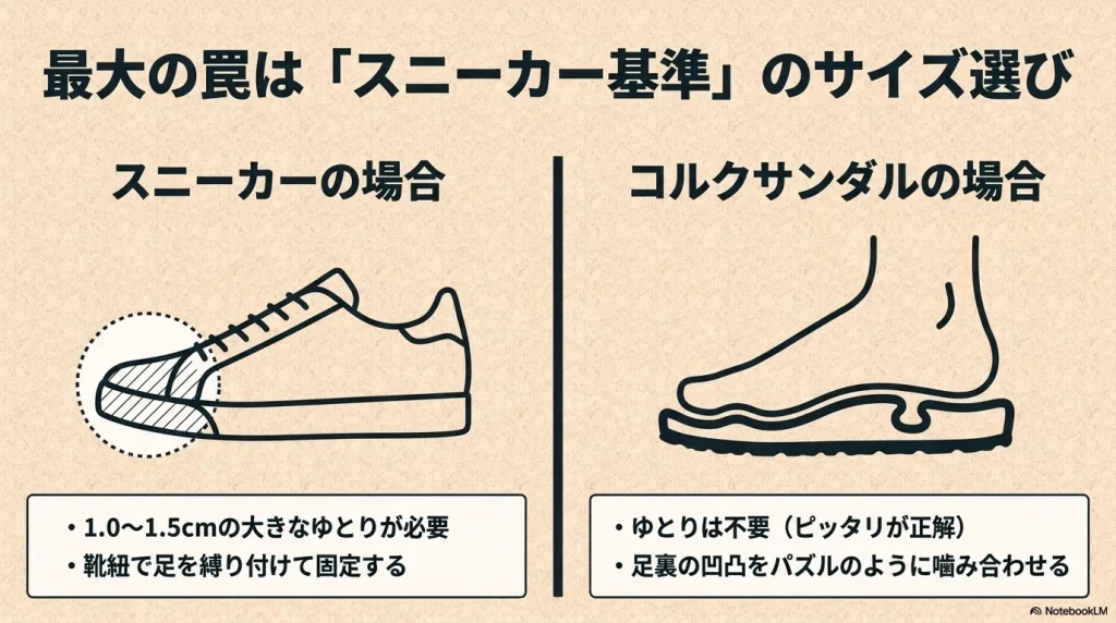 最大の罠である「スニーカー基準」のサイズ選びと、靴紐で固定するスニーカーと足裏の凹凸を合わせるコルクサンダルの違い