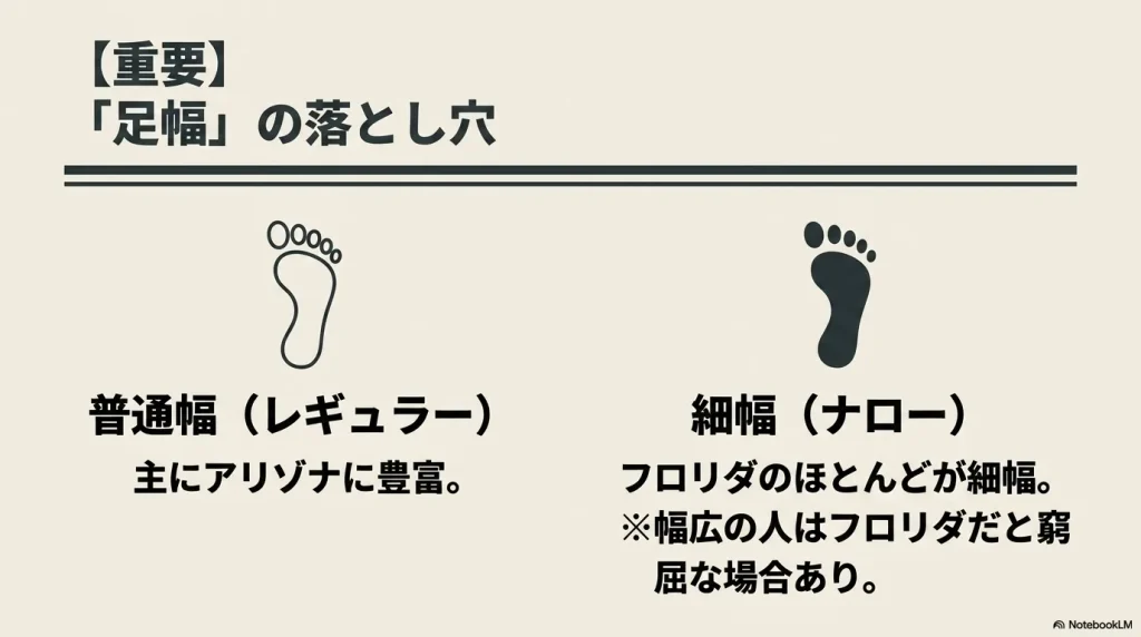 アリゾナに多い普通幅（レギュラー）とフロリダに多い細幅（ナロー）の足幅の落とし穴