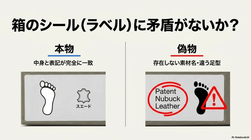 偽物の箱のラベルに記載されがちな存在しないPatent Nubuck Leatherという素材名への注意喚起