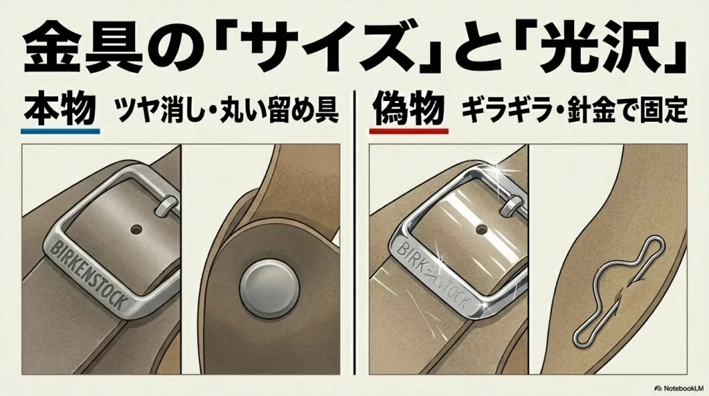 つや消しで丸い留め具の本物と、ギラギラした光沢で針金固定された偽物の比較イラスト