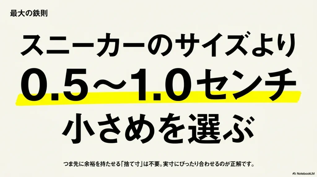 最大の鉄則。スニーカーのサイズより0.5〜1.0センチ小さめを選ぶ
