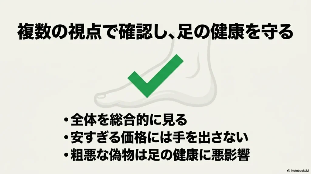 価格や細部を総合的に見て足の健康を守るためのまとめスライド
