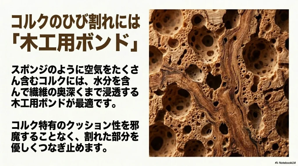 コルクのひび割れには木工用ボンド。水分を含んで繊維の奥深くまで浸透し、クッション性を邪魔することなく割れた部分を優しくつなぎ止める
