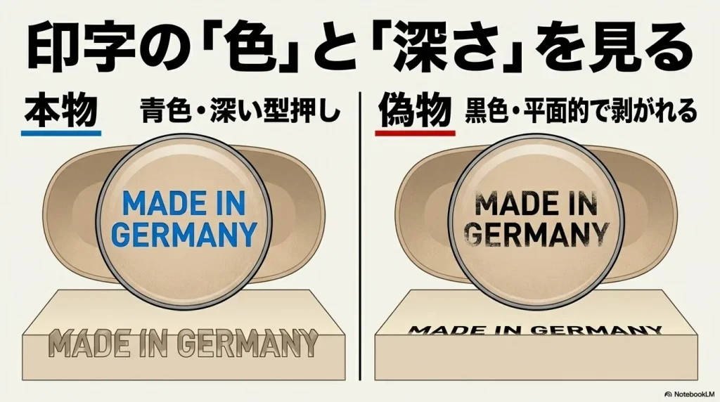 本物の青色で深い型押しと、偽物の黒色で平面的に剥がれやすいフットベッド印字の比較