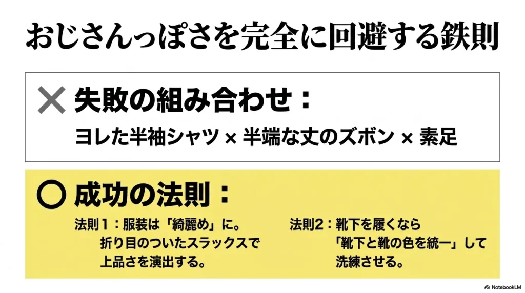 おじさんっぽさを回避する鉄則。綺麗なスラックスや同系色の靴下で洗練されたコーデに
