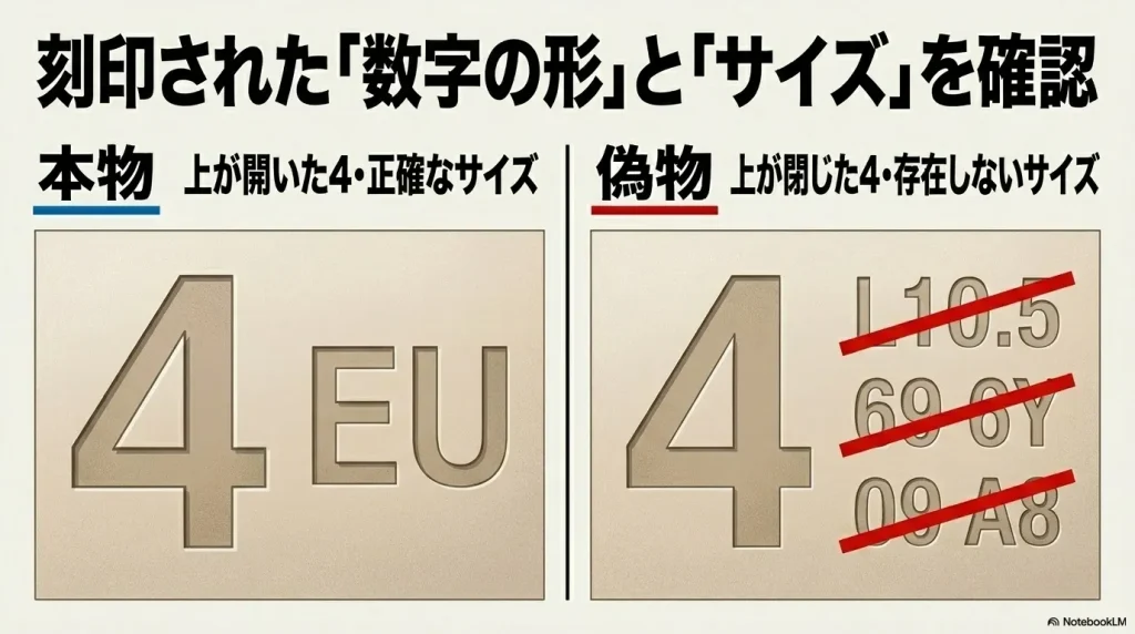 上が開いた本物の数字の4と、上が閉じた偽物の数字の4、及び存在しないサイズ刻印の比較