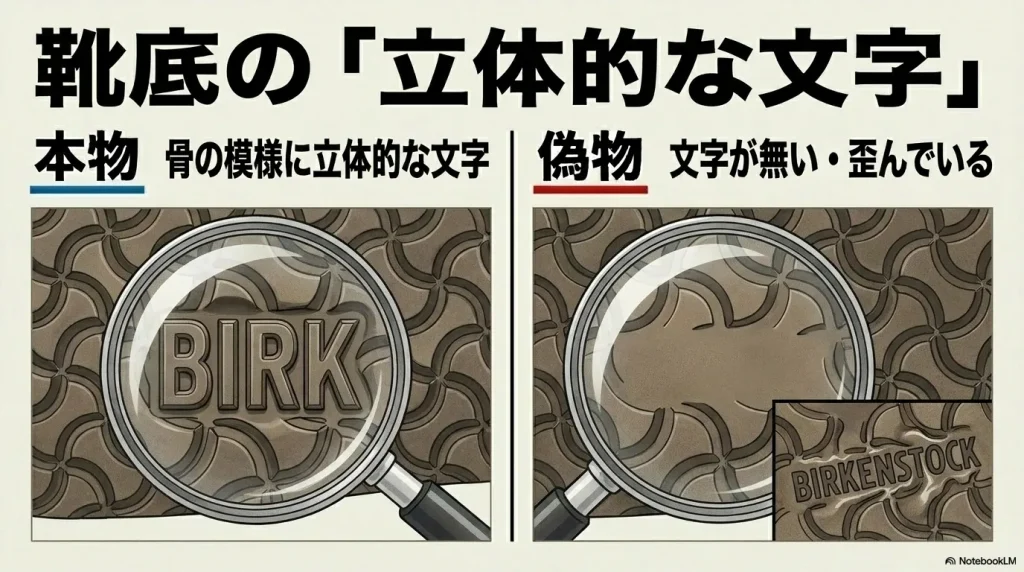 靴底の骨模様パターンの間に立体的に成型されたBIRKの文字を虫眼鏡で拡大したイラスト