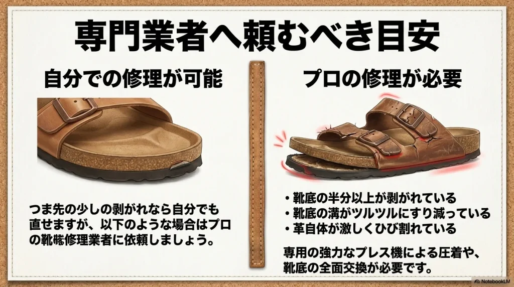 専門業者へ頼むべき目安。靴底の半分以上が剥がれている、溝がツルツルにすり減っている、革自体が激しくひび割れている場合はプロの修理が必要