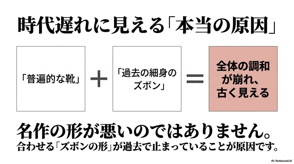 時代遅れに見える本当の原因は、普遍的な靴と過去の細身ズボンによるシルエットの不調和