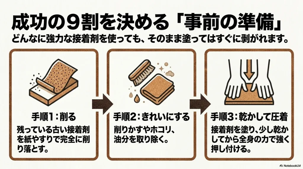 成功の9割を決める事前の準備。手順は古い接着剤を削る、きれいにする、接着剤を塗り少し乾かして全身の力で強く押し付けること
