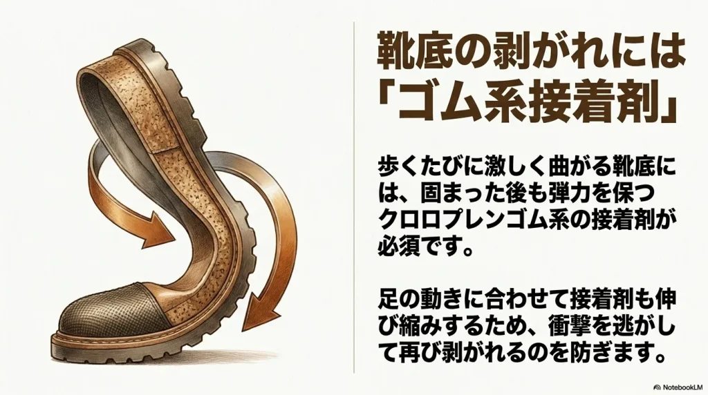 靴底の剥がれにはゴム系接着剤。激しく曲がる靴底には、固まった後も弾力を保つクロロプレンゴム系の接着剤が必須   
