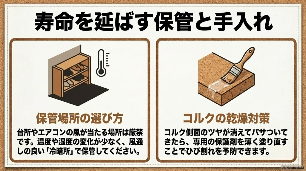 寿命を延ばす保管と手入れ。台所やエアコンの風を避け冷暗所で保管し、コルク側面のツヤが消えたら専用の保護剤を薄く塗り直す