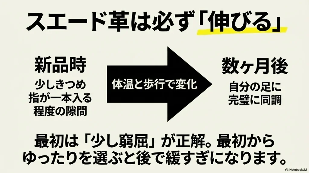 スエード革は必ず伸びるため、新品時は少し窮屈が正解   