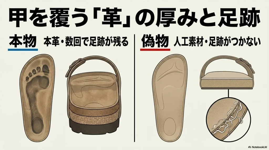 数回の着用で足跡が残る本物の本革と、足跡がつかない人工素材の偽物の比較イラスト