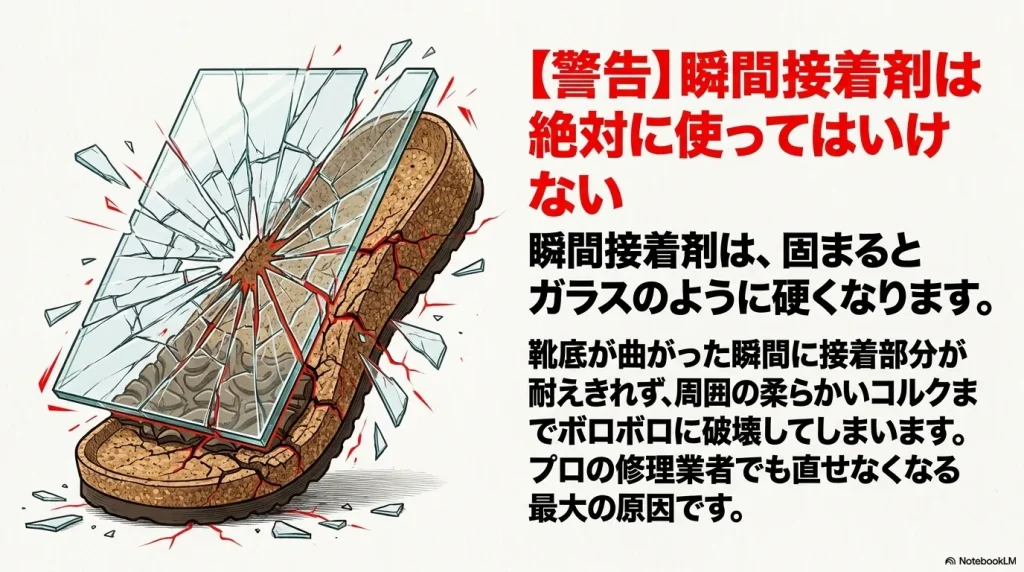 警告、瞬間接着剤は絶対に使ってはいけない。ガラスのように硬くなり、靴底が曲がった瞬間に周囲の柔らかいコルクまでボロボロに破壊する