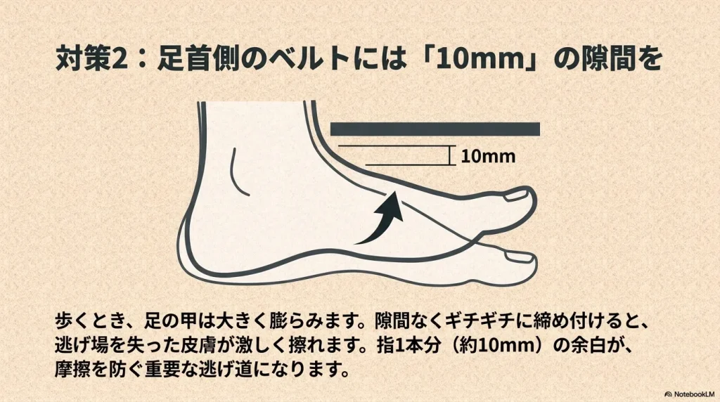 歩くときに足の甲が大きく膨らむため、摩擦を防ぐ逃げ道として足首側のベルトには指1本分（約10mm）の隙間を作る