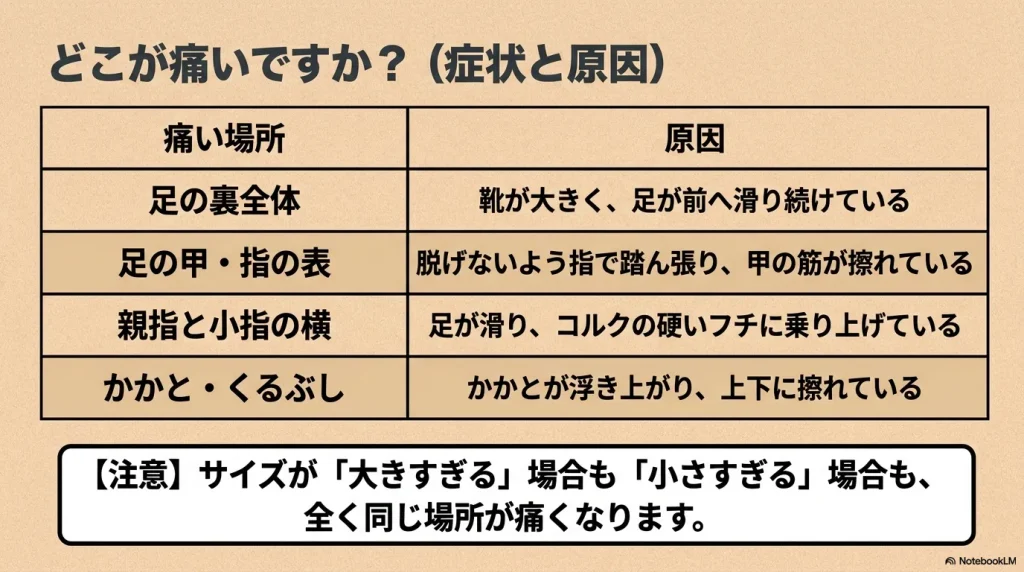 チューリッヒ着用時に靴擦れで痛くなりやすい場所（足の裏、甲、側面、かかと）とそれぞれの原因