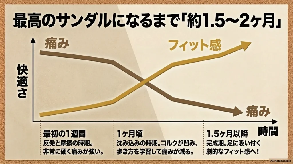 チューリッヒが最高のサンダルになるまで約1.5から2ヶ月かかり、反発の時期から沈み込みを経て劇的なフィット感へ変化する過程