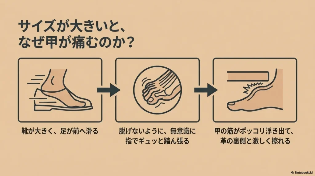 サイズが大きいと足が前に滑り、脱げないように指で踏ん張ることで甲の筋が浮き出て革の裏側と激しく擦れて痛むメカニズム