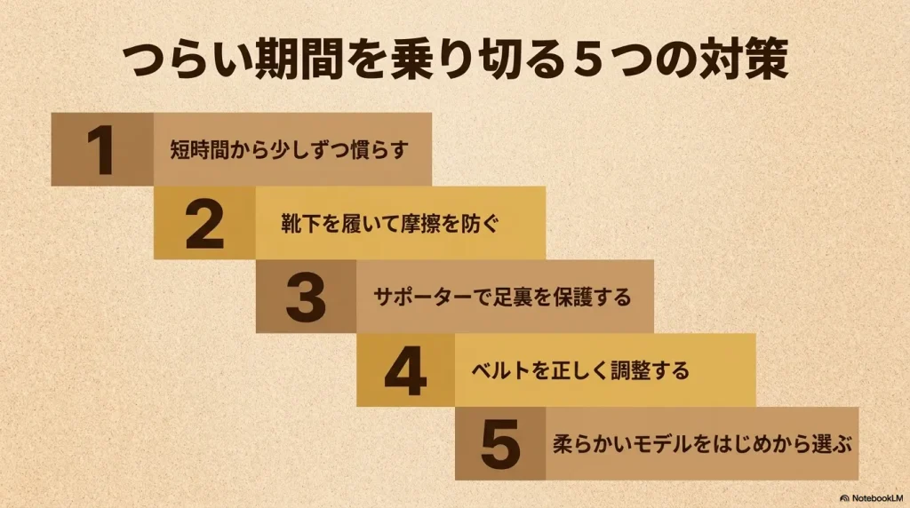 チューリッヒのつらい期間を乗り切るための、靴下着用やベルト調整などを含む5つの対策