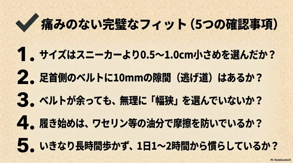 痛みのない完璧なフィットを実現するための5つの確認事項（サイズ選び、ベルトの隙間、幅の選択、摩擦防止、慣らし期間）