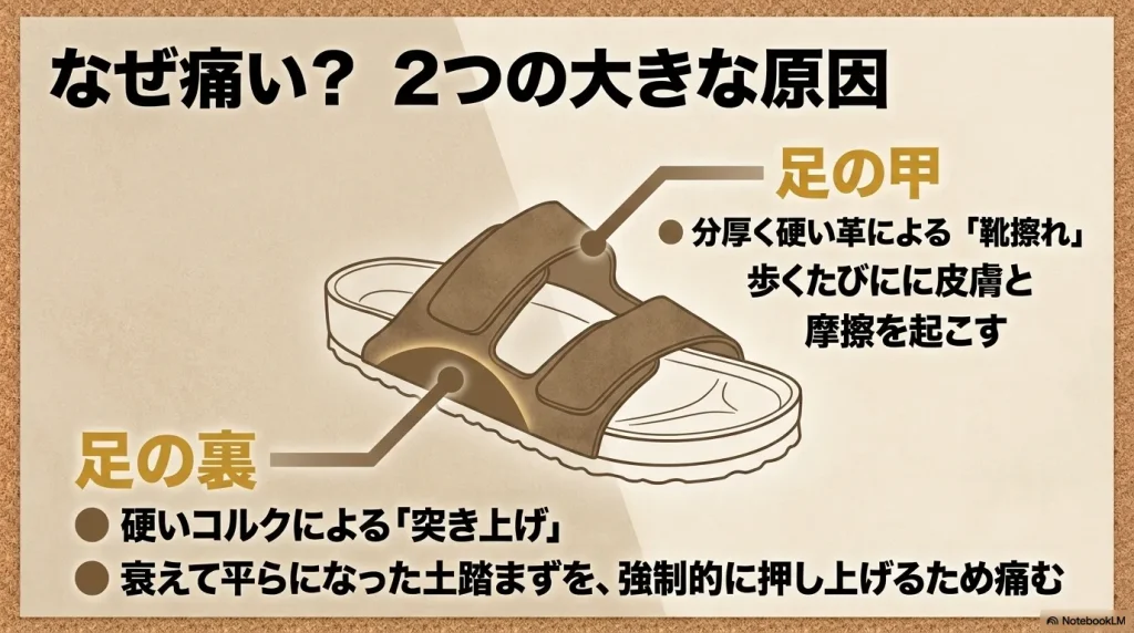 チューリッヒが痛い2つの大きな原因である、足の甲の厚い革による靴擦れと、硬いコルクによる足裏の突き上げ