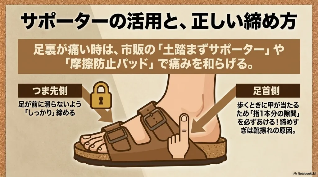 つま先側はしっかり締め、足首側のベルトは歩行時に甲が当たるため指1本分の隙間をあける正しい調整方法