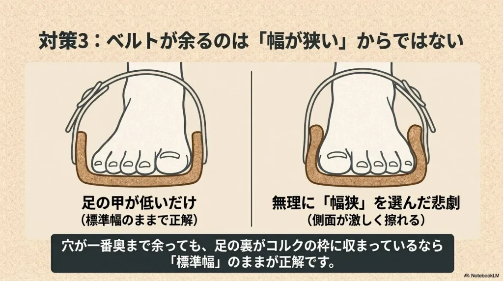 ベルトが余るのは足の甲が低いからであり、足の裏がコルクの枠に収まっているなら標準幅が正解。無理に幅狭を選ぶと側面が激しく擦れる